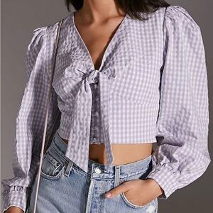 Anthropologie Lilac Checkered Puff Sleeve Blouse